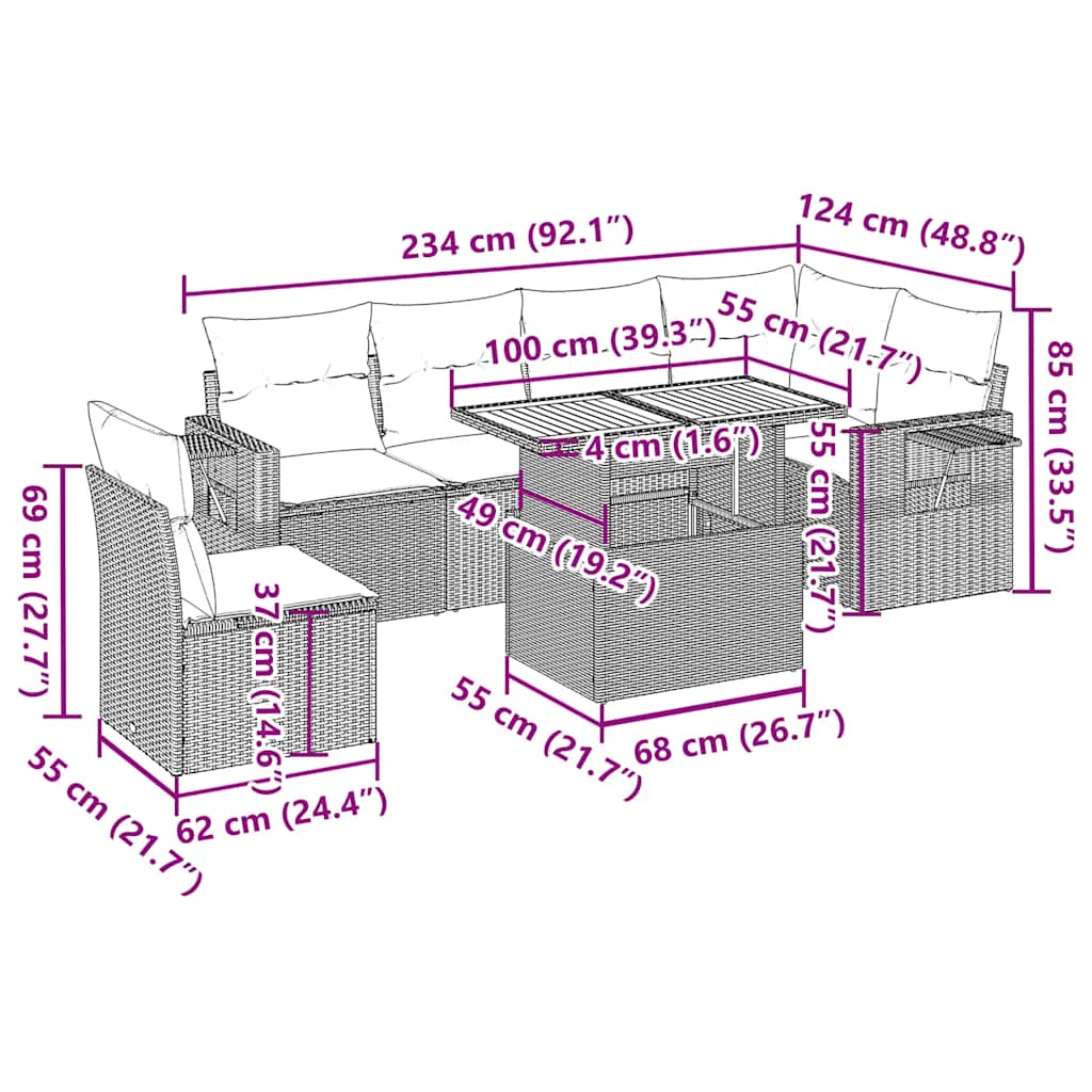 7-tlg. Garten-Sofagarnitur mit Kissen Schwarz Poly Rattan