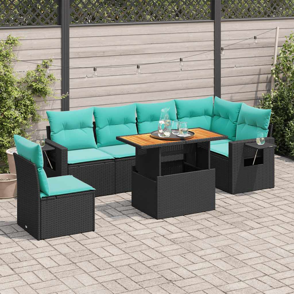 7-tlg. Garten-Sofagarnitur mit Kissen Schwarz Poly Rattan