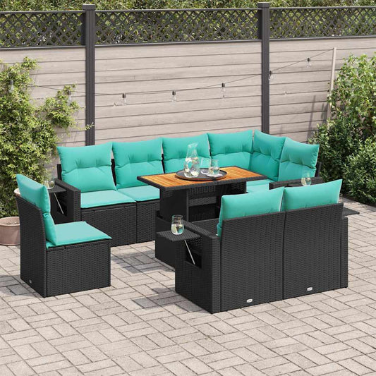 9-tlg. Garten-Sofagarnitur mit Kissen Schwarz Poly Rattan