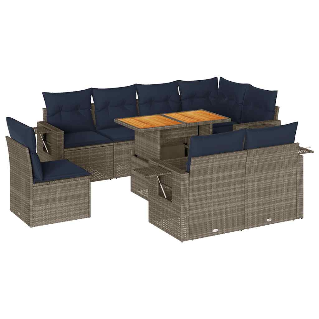 9-tlg. Garten-Sofagarnitur mit Kissen Grau Poly Rattan