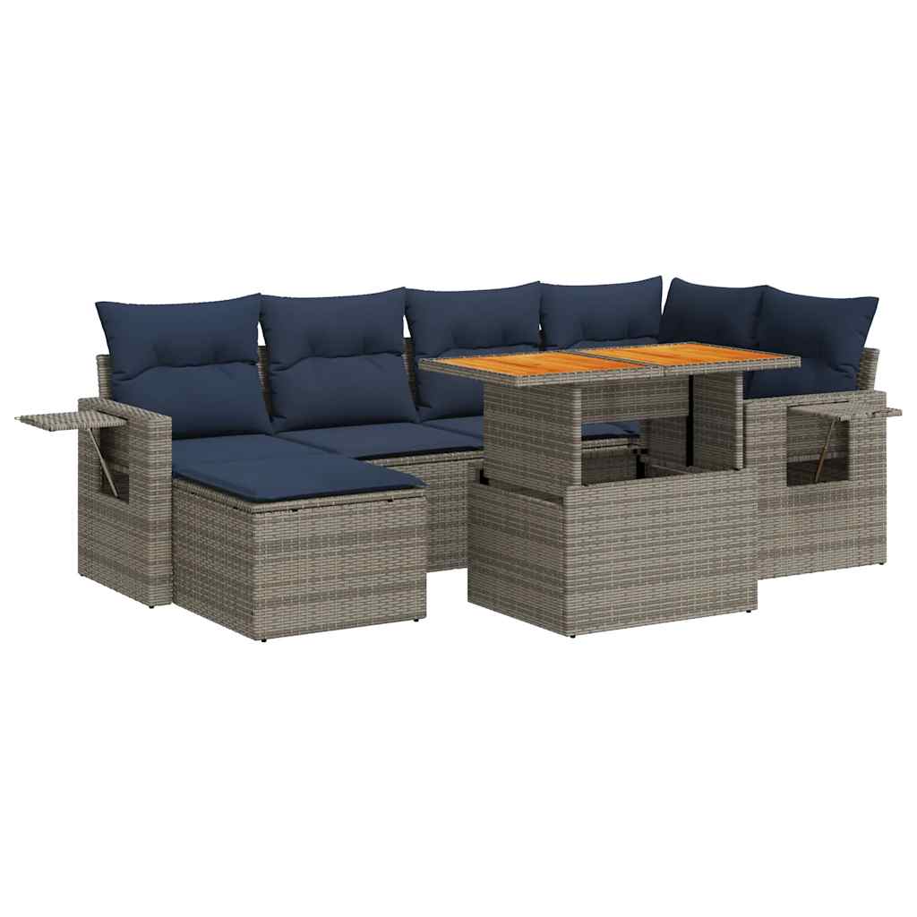 7-tlg. Garten-Sofagarnitur mit Kissen Grau Poly Rattan