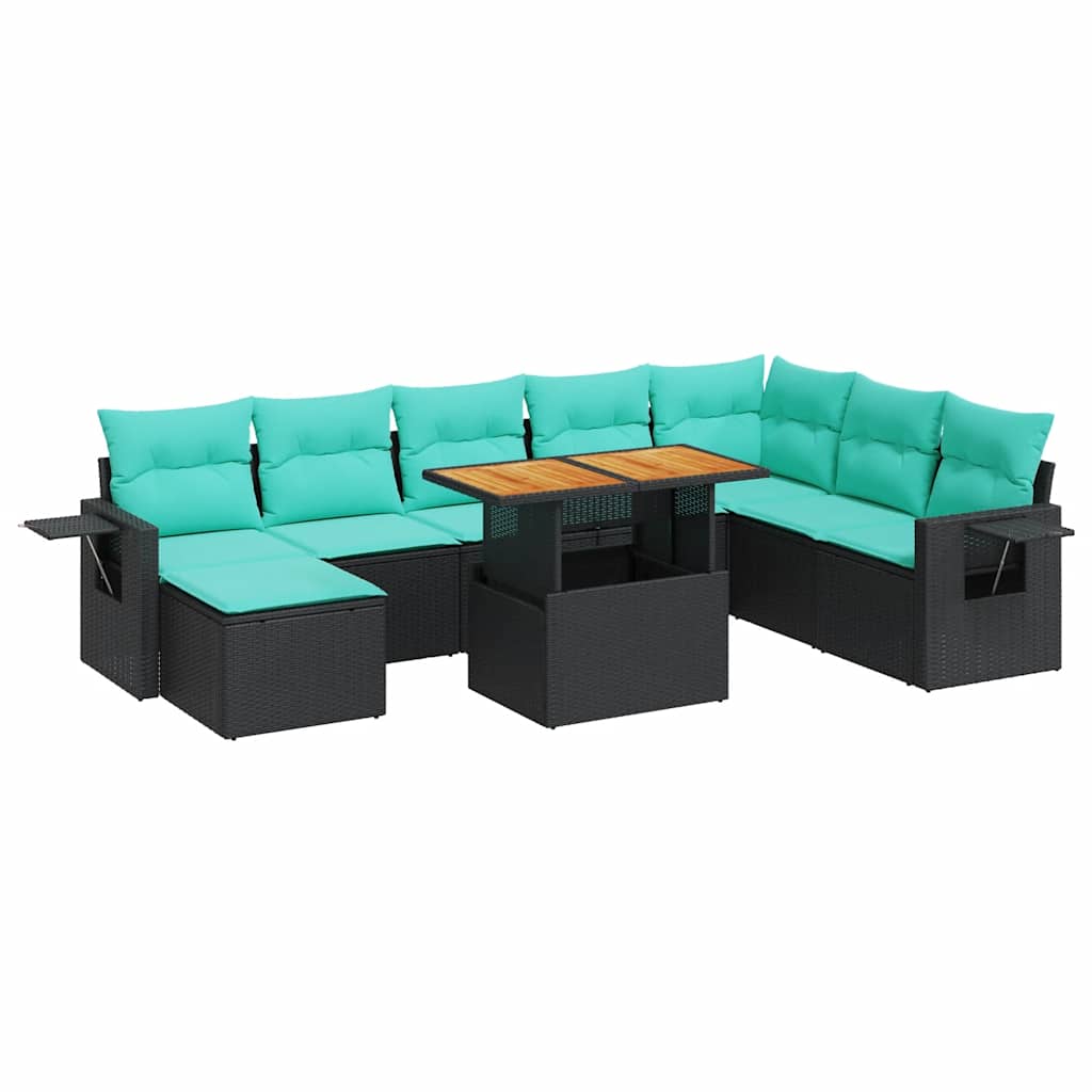 9-tlg. Garten-Sofagarnitur mit Kissen Schwarz Poly Rattan