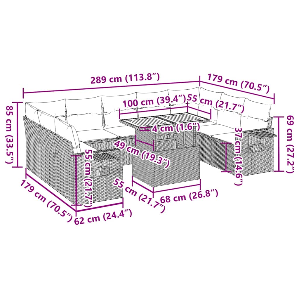 10-tlg. Garten-Sofagarnitur mit Kissen Schwarz Poly Rattan