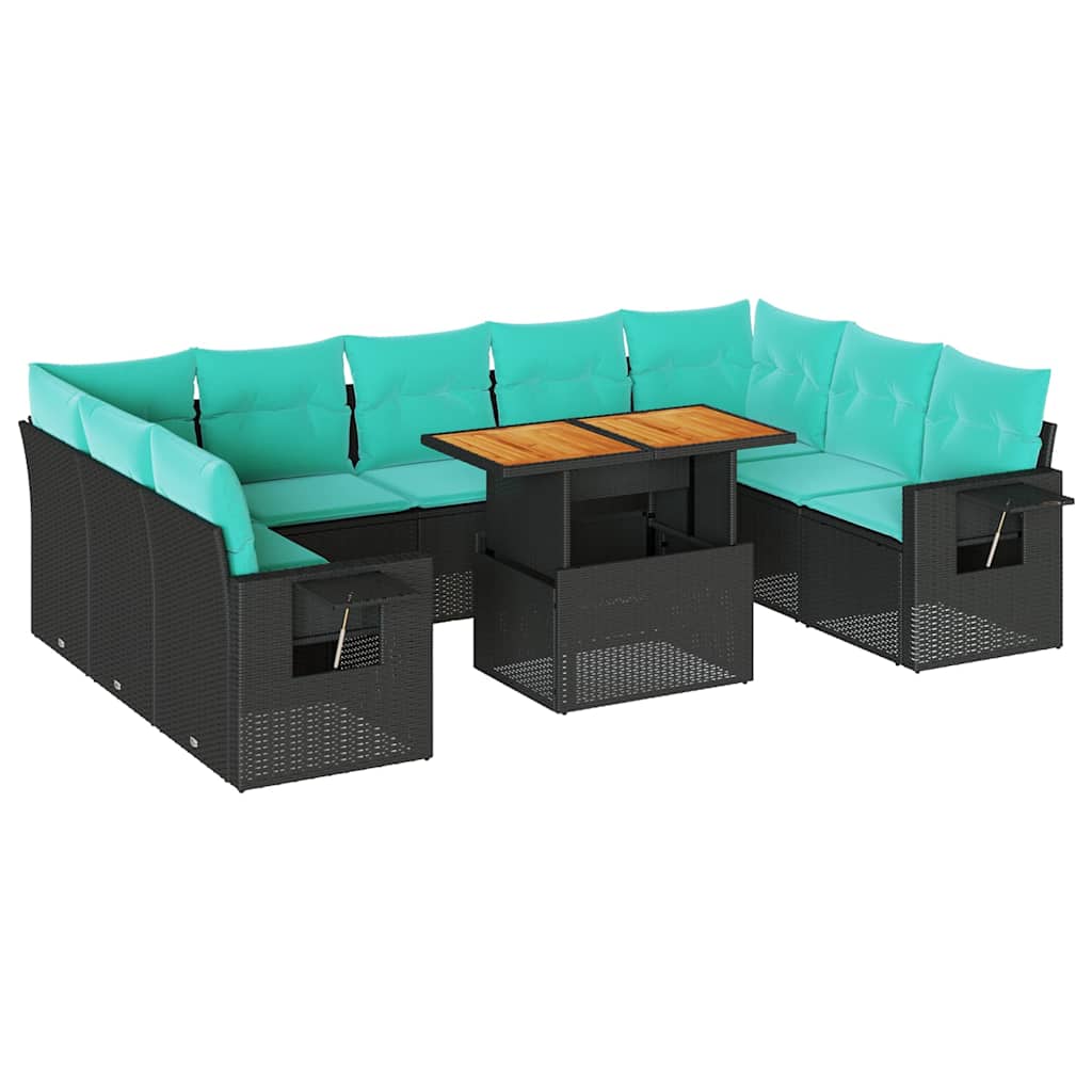 10-tlg. Garten-Sofagarnitur mit Kissen Schwarz Poly Rattan