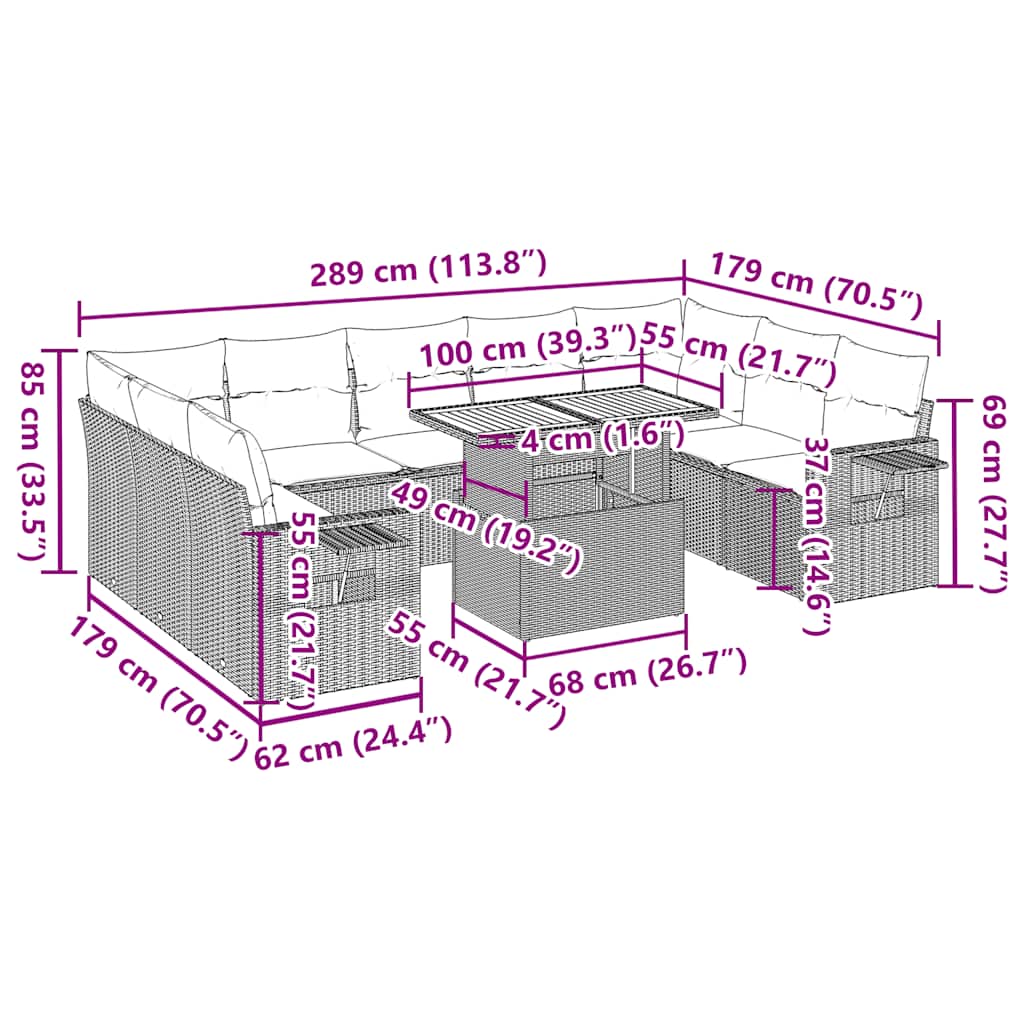 10-tlg. Garten-Sofagarnitur mit Kissen Schwarz Poly Rattan