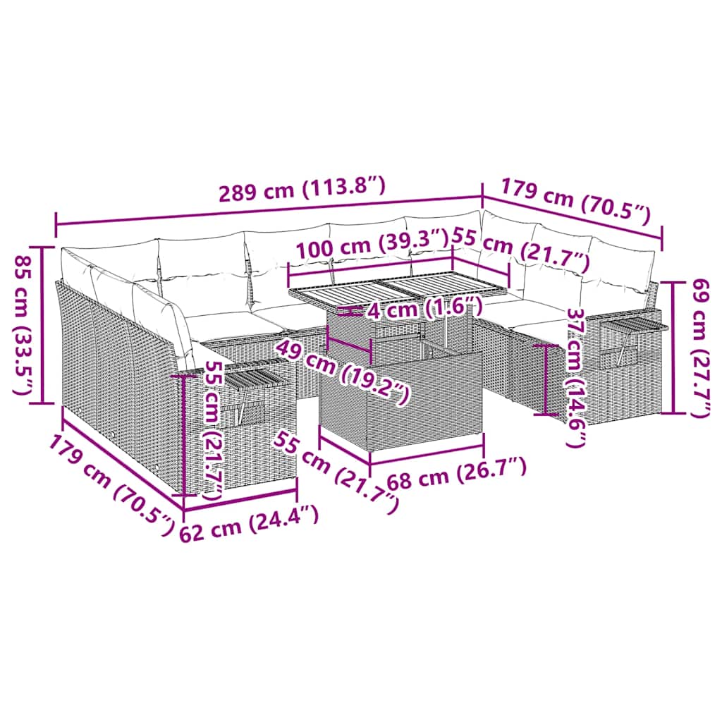 10-tlg. Garten-Sofagarnitur mit Kissen Grau Poly Rattan