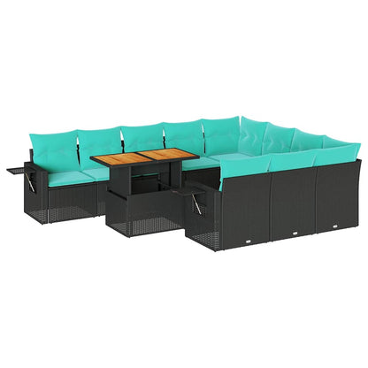 11-tlg. Garten-Sofagarnitur mit Kissen Schwarz Poly Rattan