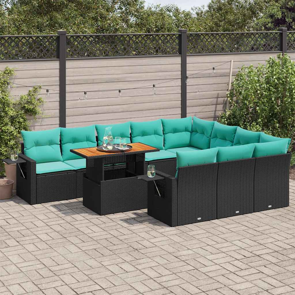 11-tlg. Garten-Sofagarnitur mit Kissen Schwarz Poly Rattan