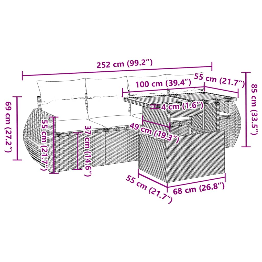 5-tlg. Garten-Sofagarnitur mit Kissen Schwarz Poly Rattan