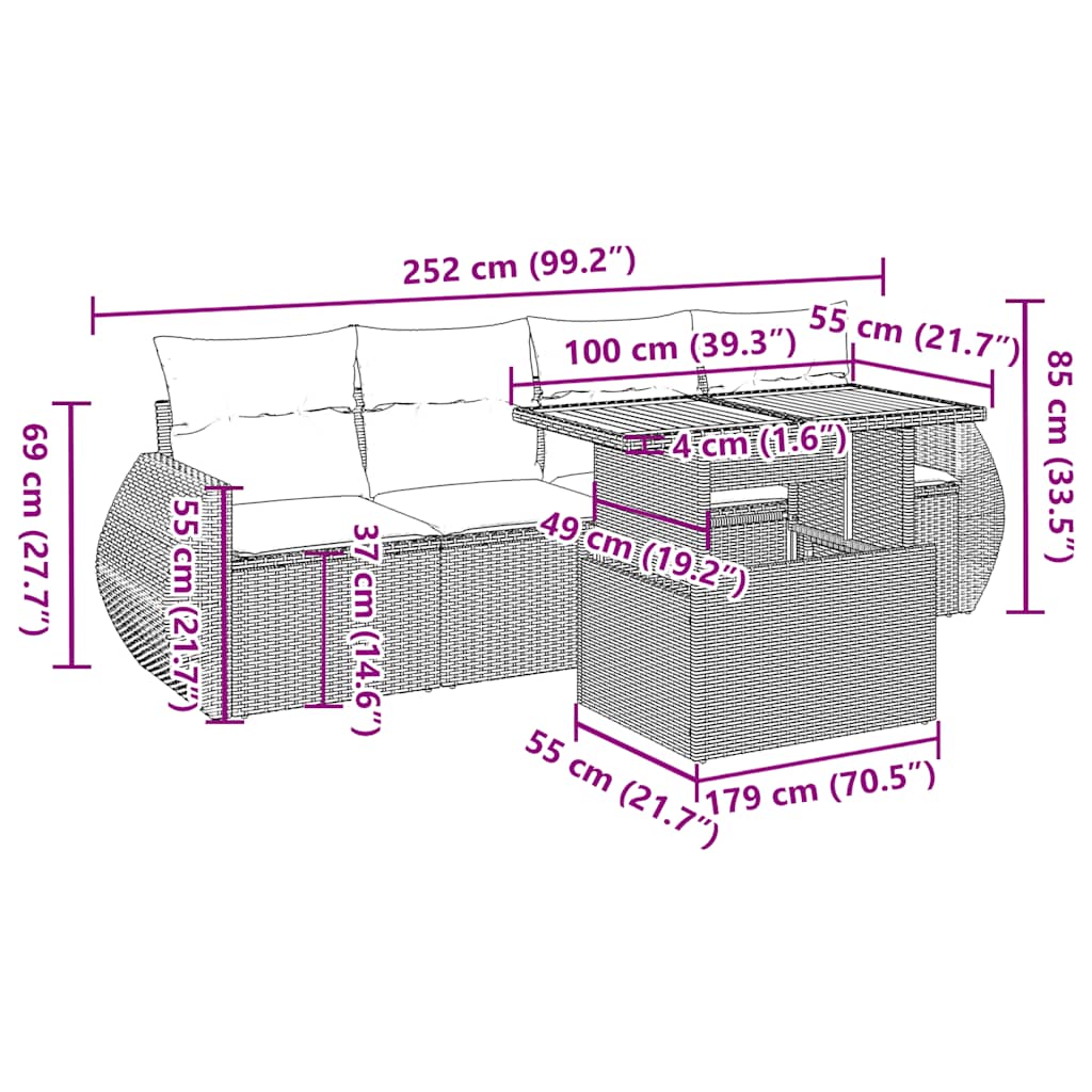5-tlg. Garten-Sofagarnitur mit Kissen Schwarz Poly Rattan