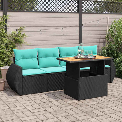 5-tlg. Garten-Sofagarnitur mit Kissen Schwarz Poly Rattan
