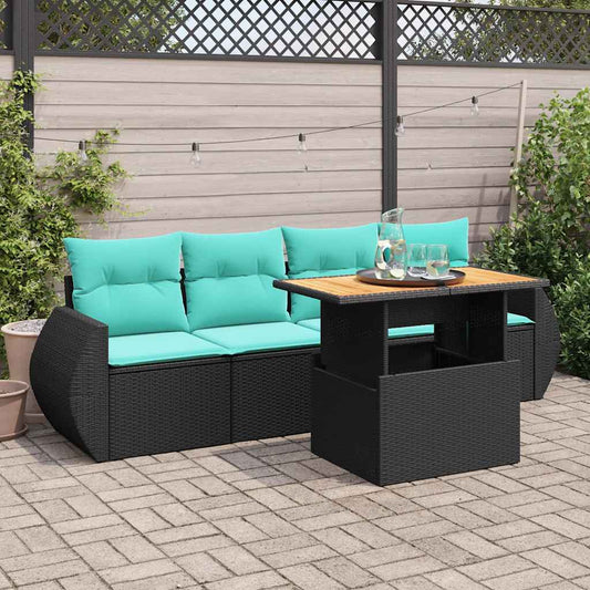 5-tlg. Garten-Sofagarnitur mit Kissen Schwarz Poly Rattan