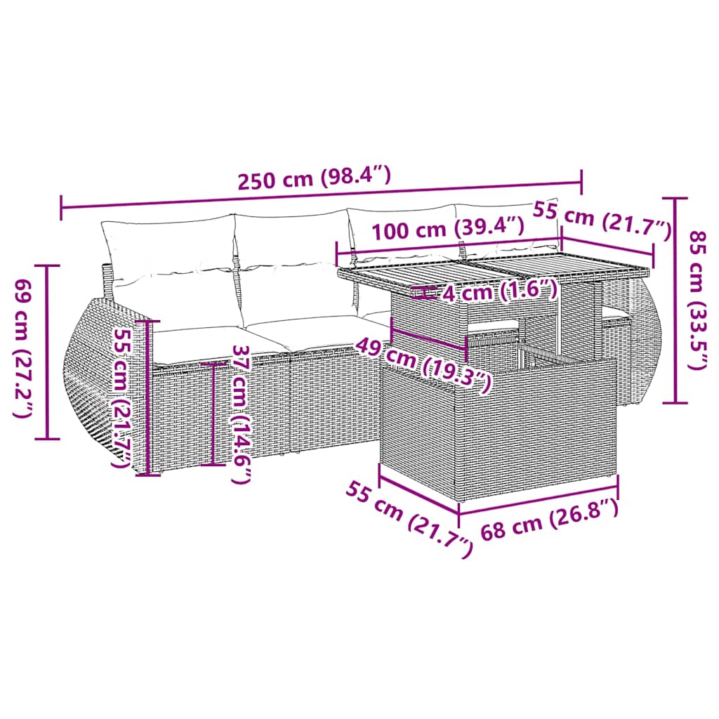 5-tlg. Garten-Sofagarnitur mit Kissen Beige Poly Rattan