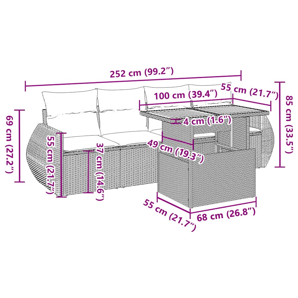 5-tlg. Garten-Sofagarnitur mit Kissen Beige Poly Rattan