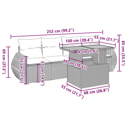 5-tlg. Garten-Sofagarnitur mit Kissen Grau Poly Rattan