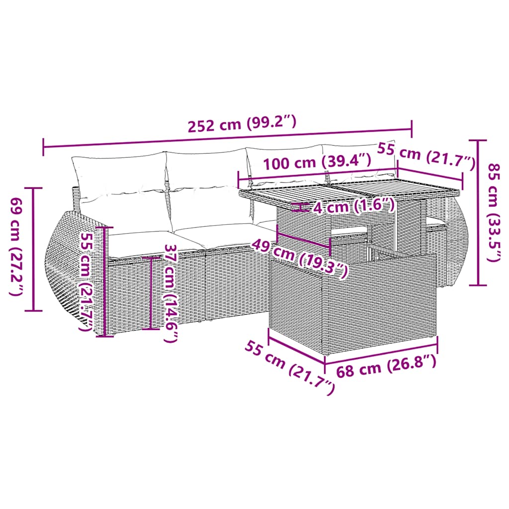 5-tlg. Garten-Sofagarnitur mit Kissen Grau Poly Rattan