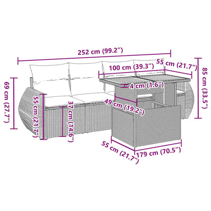 5-tlg. Garten-Sofagarnitur mit Kissen Grau Poly Rattan