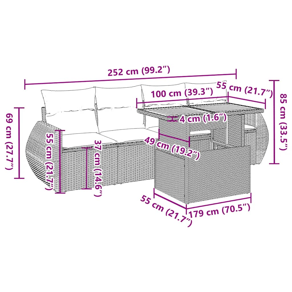 5-tlg. Garten-Sofagarnitur mit Kissen Grau Poly Rattan