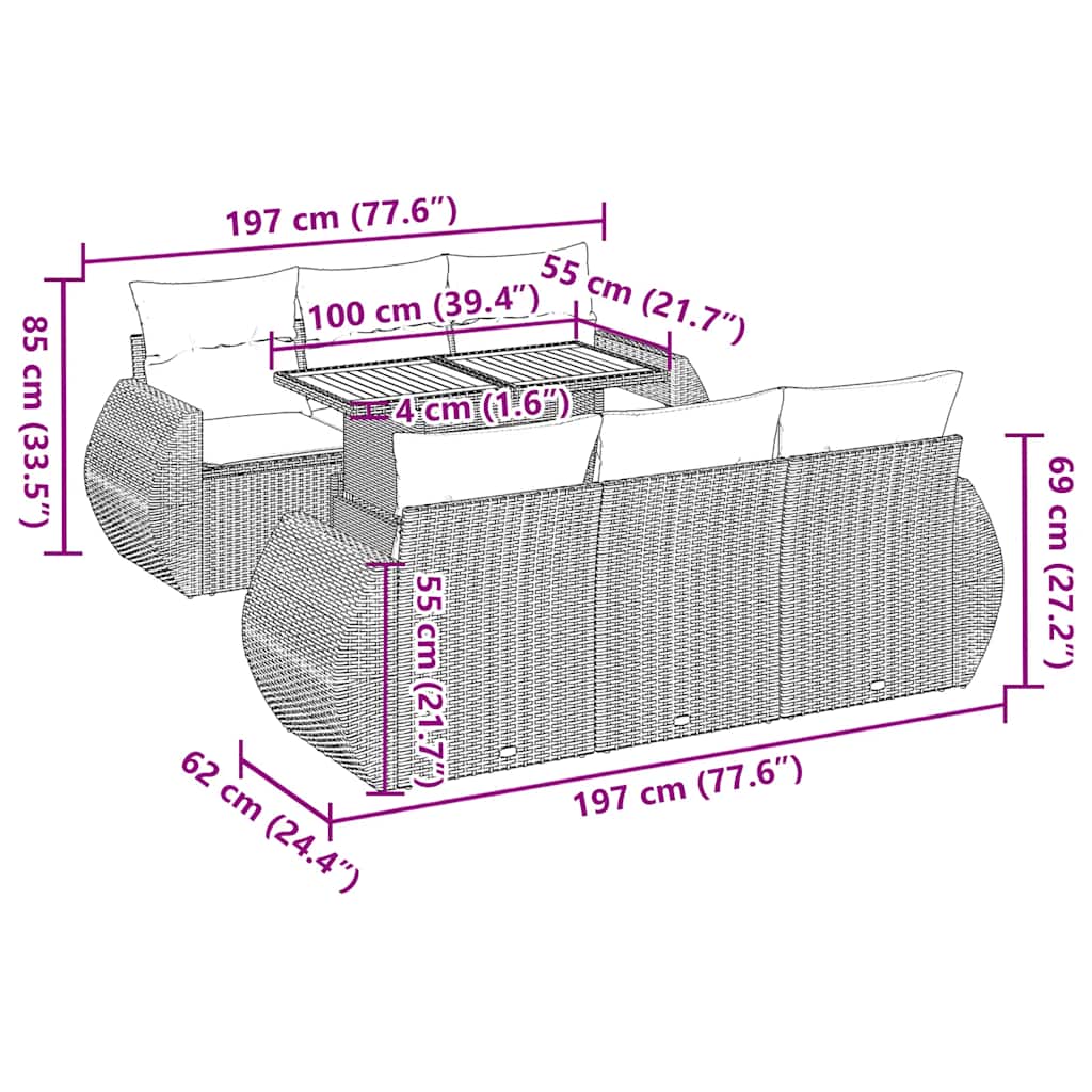 7-tlg. Garten-Sofagarnitur mit Kissen Schwarz Poly Rattan