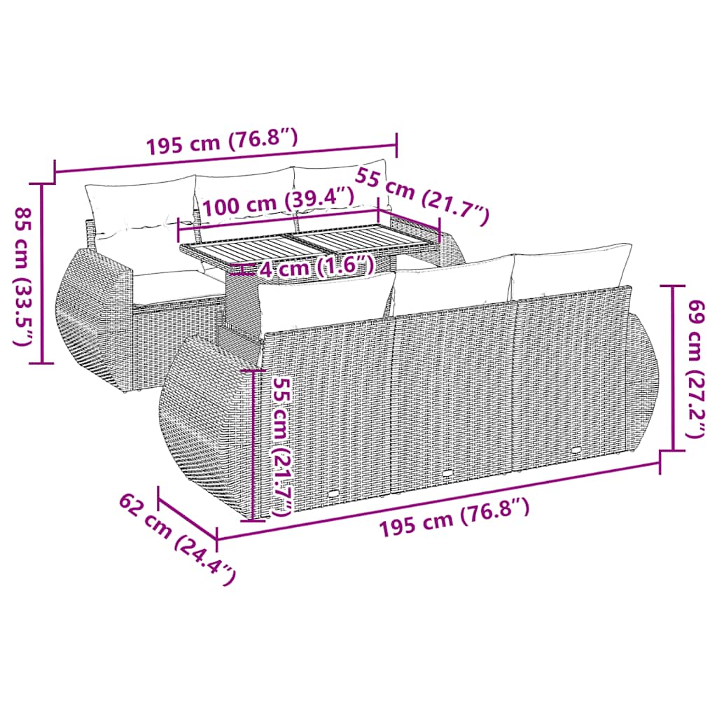 7-tlg. Garten-Sofagarnitur mit Kissen Beige Poly Rattan