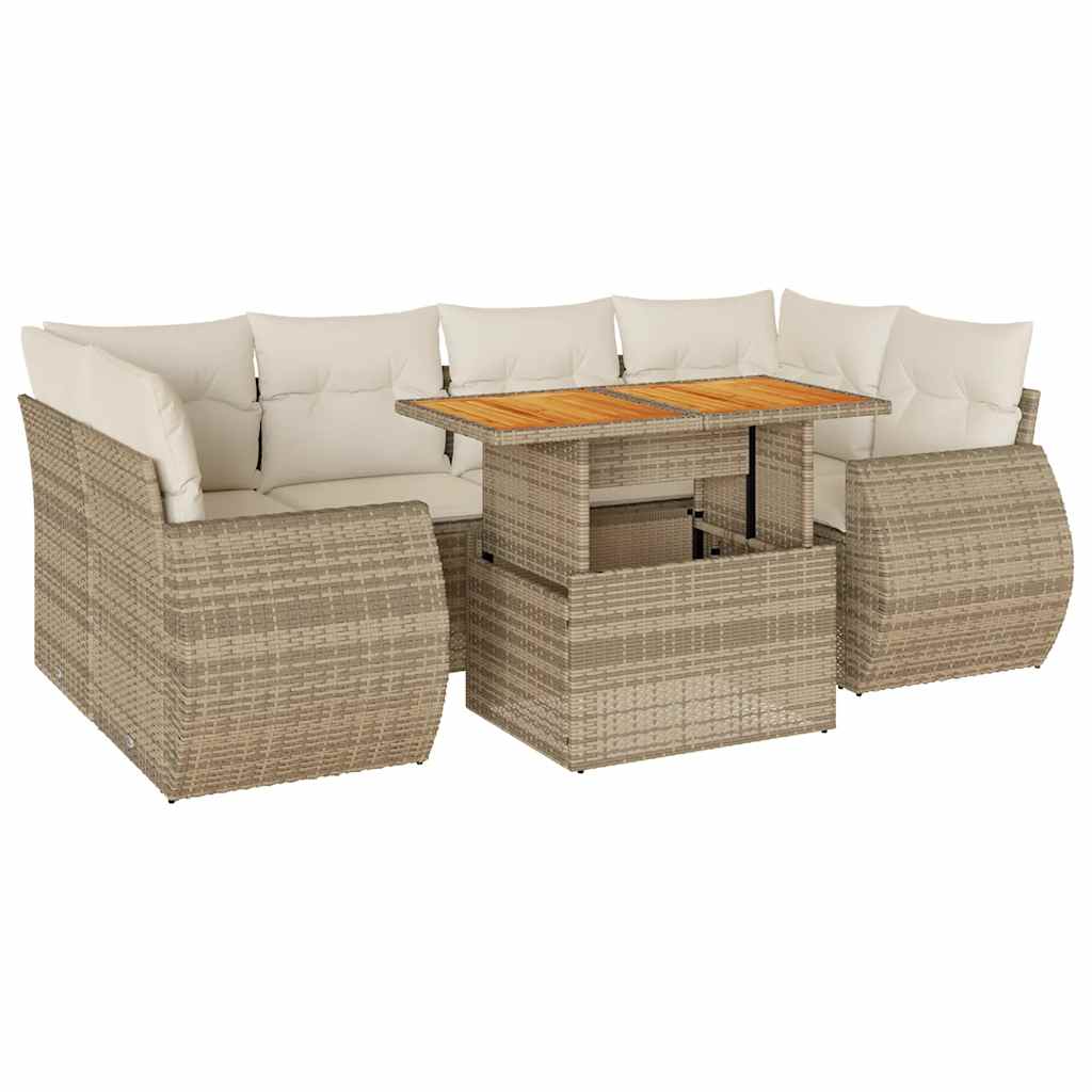 7-tlg. Garten-Sofagarnitur mit Kissen Beige Poly Rattan