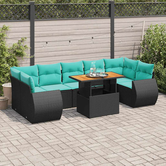 8-tlg. Garten-Sofagarnitur mit Kissen Schwarz Poly Rattan