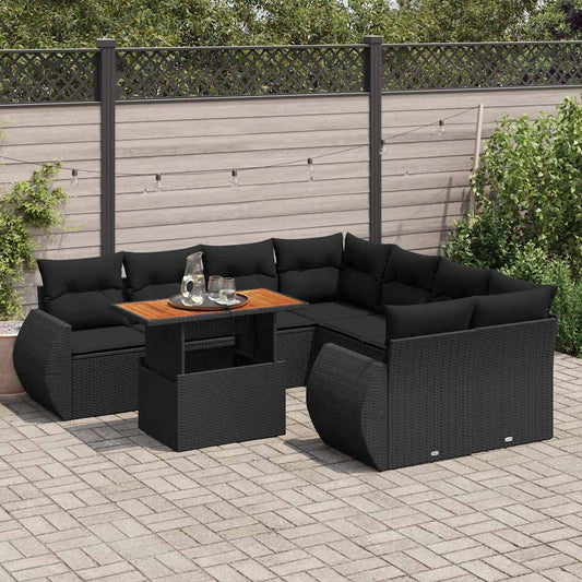 9-tlg. Garten-Sofagarnitur mit Kissen Schwarz Poly Rattan
