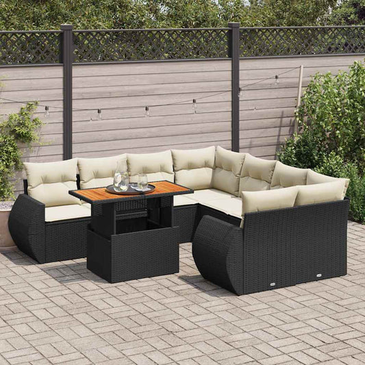 9-tlg. Garten-Sofagarnitur mit Kissen Schwarz Poly Rattan