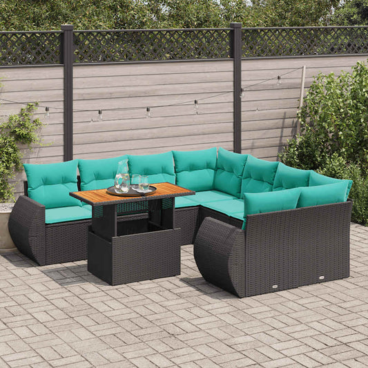 9-tlg. Garten-Sofagarnitur mit Kissen Schwarz Poly Rattan
