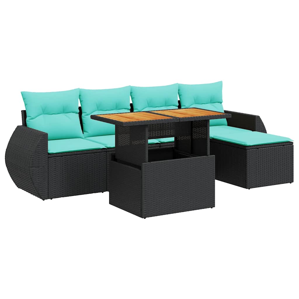 6-tlg. Garten-Sofagarnitur mit Kissen Schwarz Poly Rattan