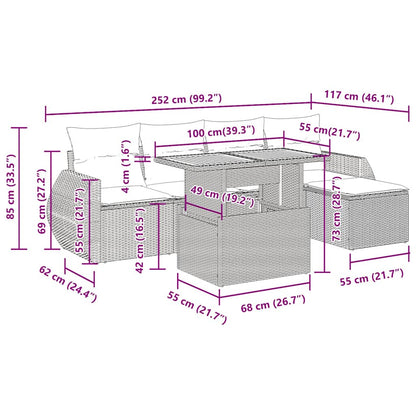 6-tlg. Garten-Sofagarnitur mit Kissen Grau Poly Rattan