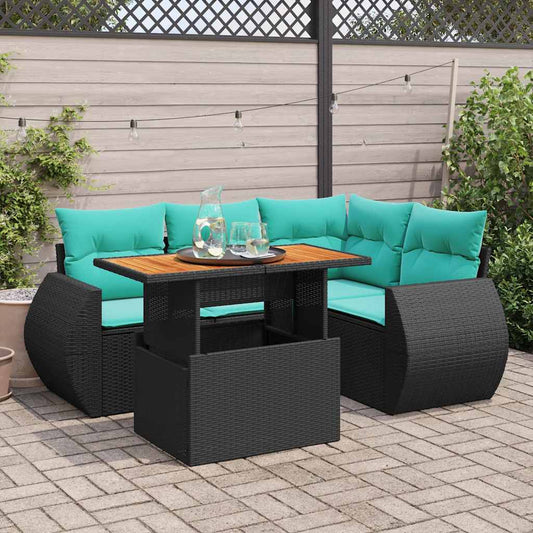 5-tlg. Garten-Sofagarnitur mit Kissen Schwarz Poly Rattan