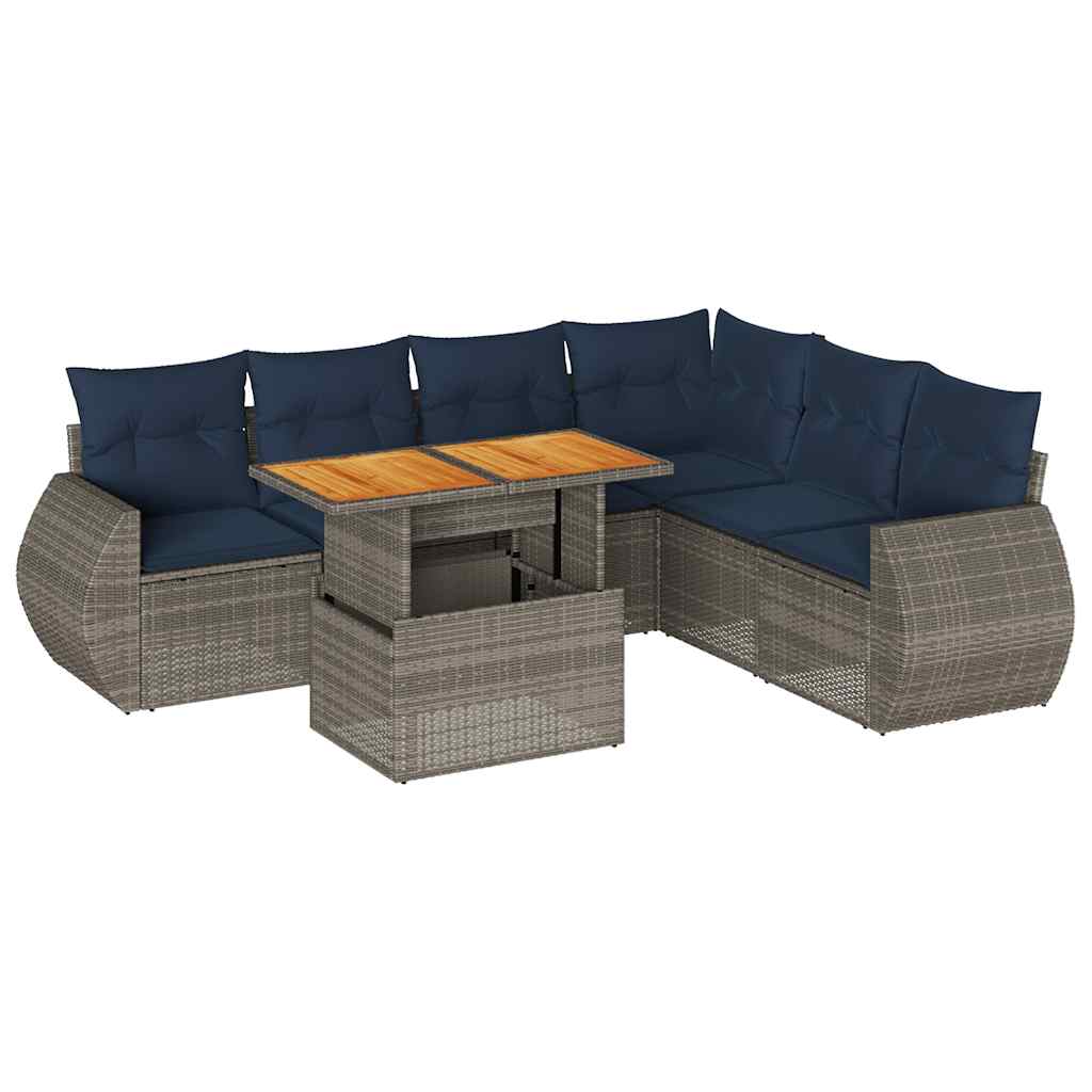 7-tlg. Garten-Sofagarnitur mit Kissen Grau Poly Rattan