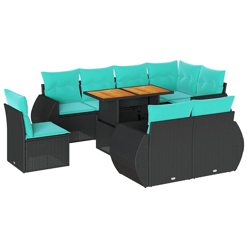 9-tlg. Garten-Sofagarnitur mit Kissen Schwarz Poly Rattan