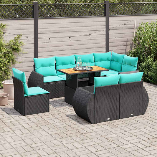 9-tlg. Garten-Sofagarnitur mit Kissen Schwarz Poly Rattan