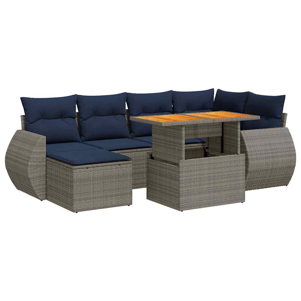 7-tlg. Garten-Sofagarnitur mit Kissen Grau Poly Rattan