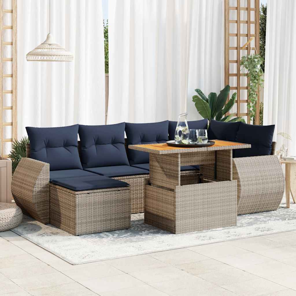 7-tlg. Garten-Sofagarnitur mit Kissen Grau Poly Rattan