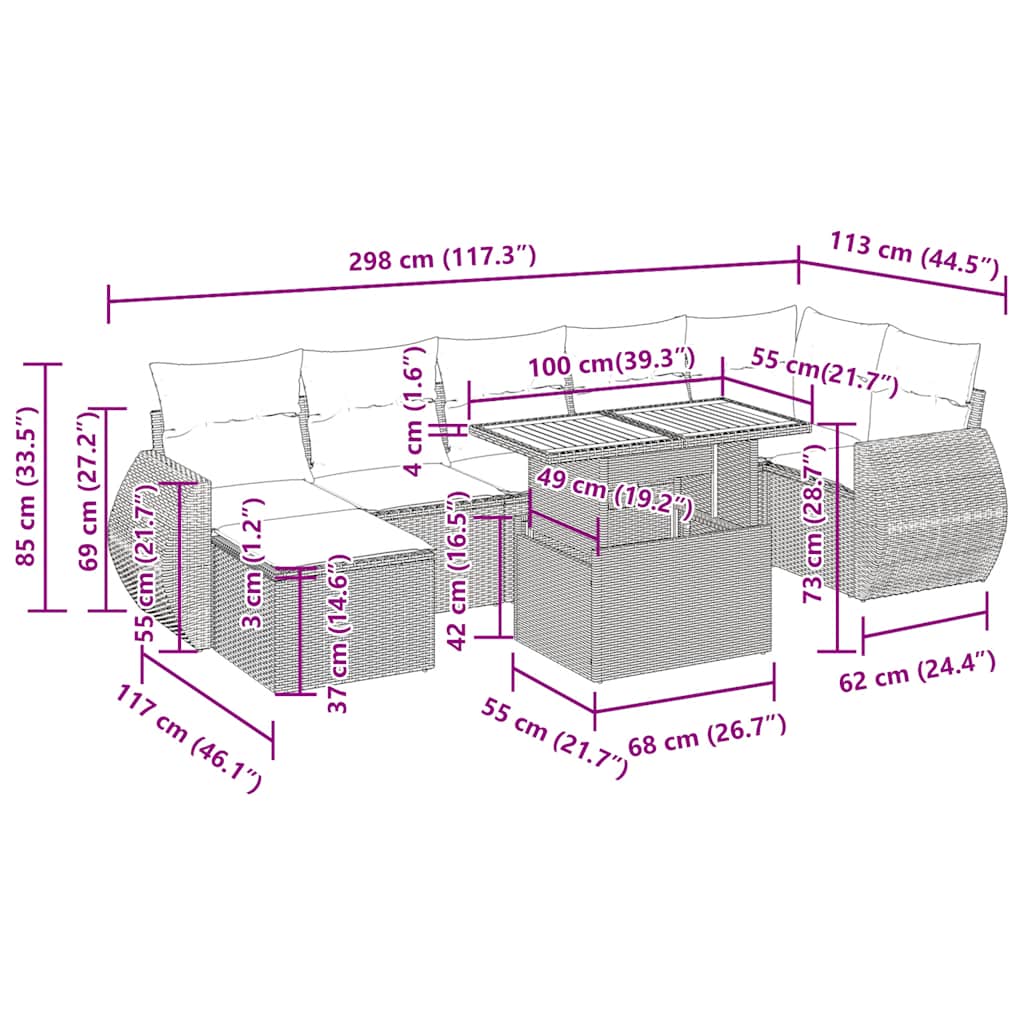 8-tlg. Garten-Sofagarnitur mit Kissen Grau Poly Rattan