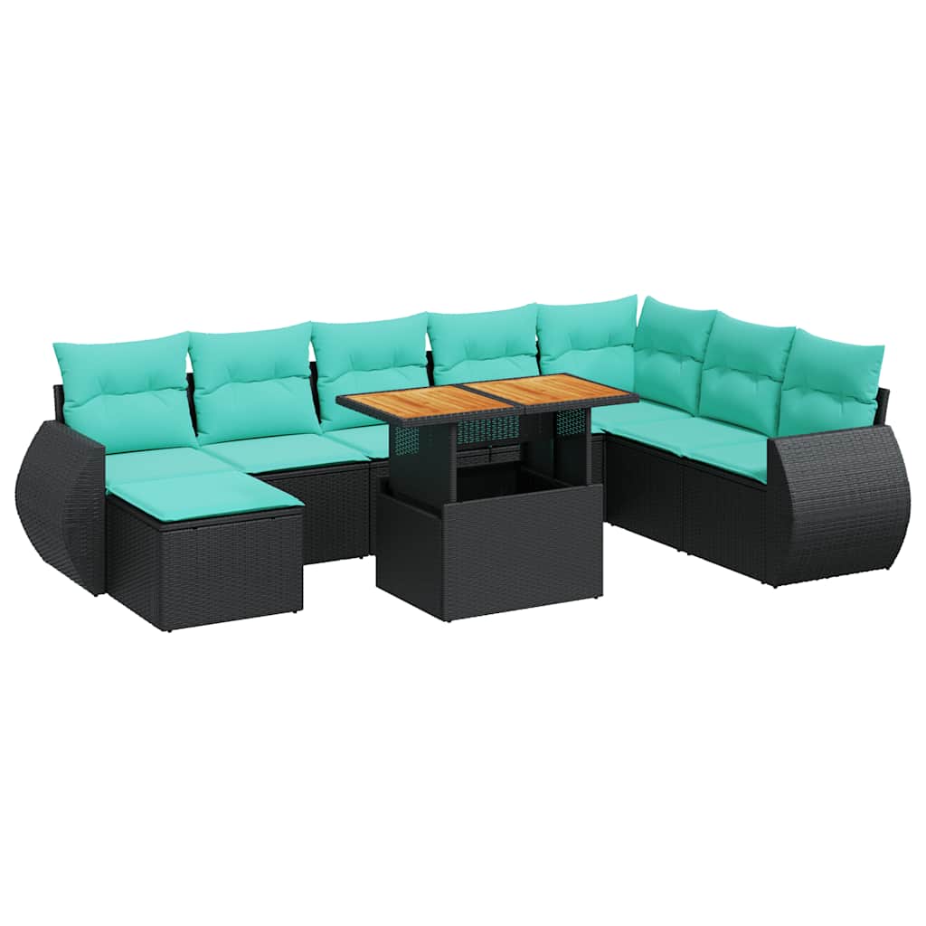 9-tlg. Garten-Sofagarnitur mit Kissen Schwarz Poly Rattan