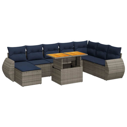 9-tlg. Garten-Sofagarnitur mit Kissen Grau Poly Rattan