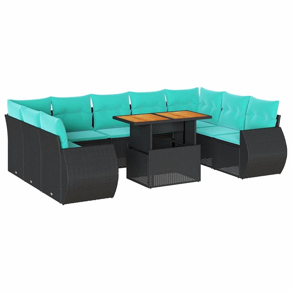 10-tlg. Garten-Sofagarnitur mit Kissen Schwarz Poly Rattan