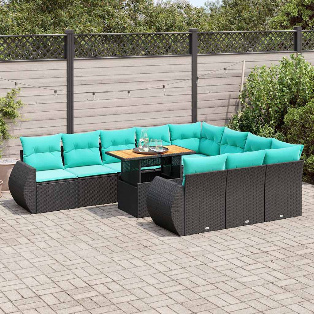 11-tlg. Garten-Sofagarnitur mit Kissen Schwarz Poly Rattan
