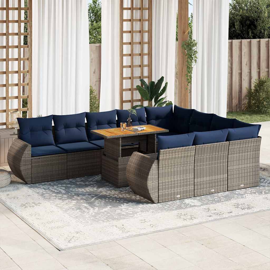 11-tlg. Garten-Sofagarnitur mit Kissen Grau Poly Rattan