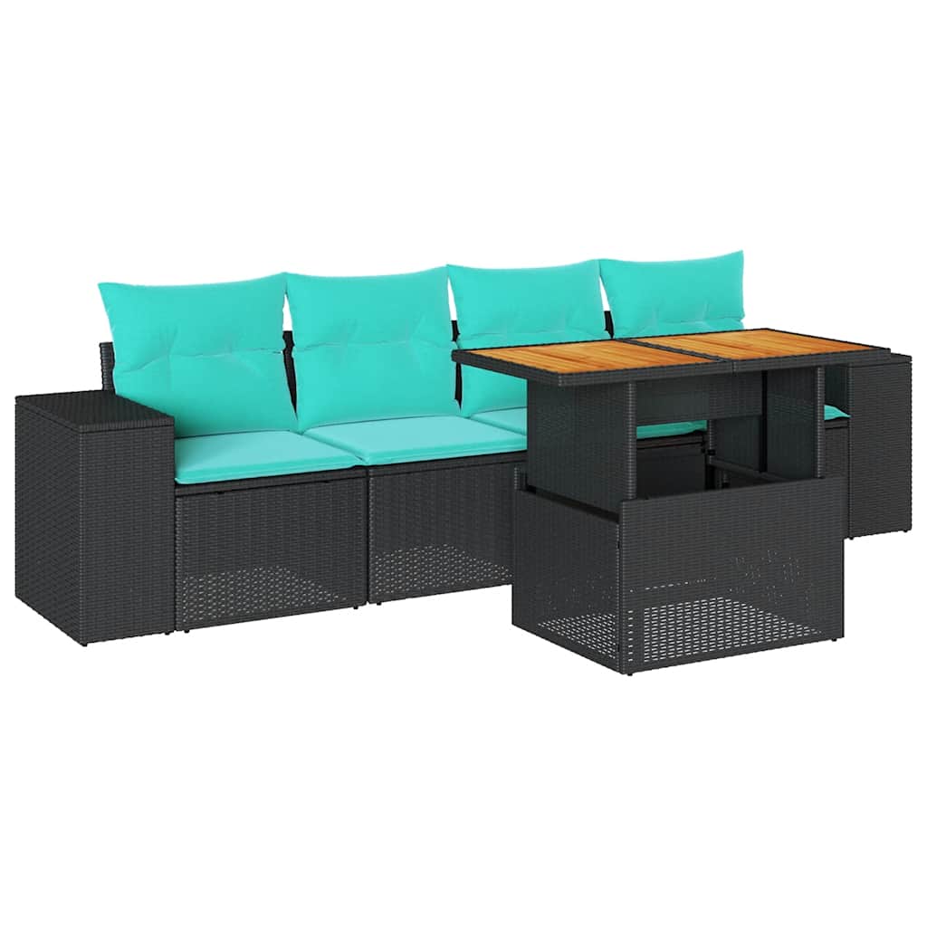 5-tlg. Garten-Sofagarnitur mit Kissen Schwarz Poly Rattan