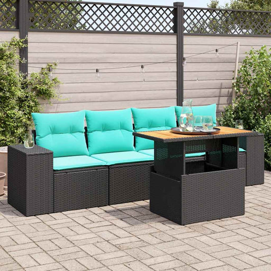 5-tlg. Garten-Sofagarnitur mit Kissen Schwarz Poly Rattan