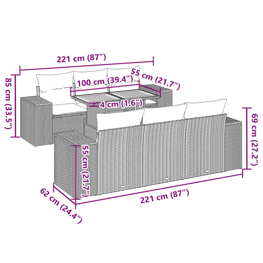 7-tlg. Garten-Sofagarnitur mit Kissen Schwarz Poly Rattan