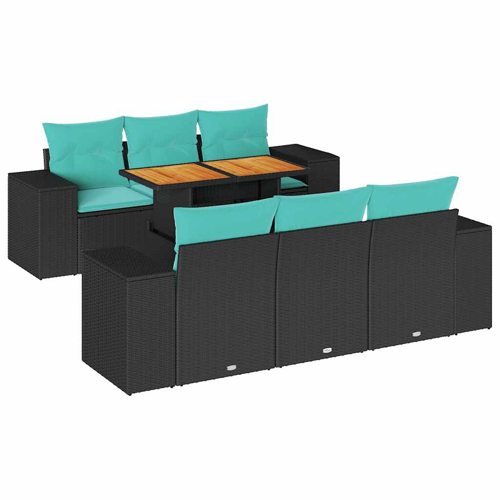 7-tlg. Garten-Sofagarnitur mit Kissen Schwarz Poly Rattan