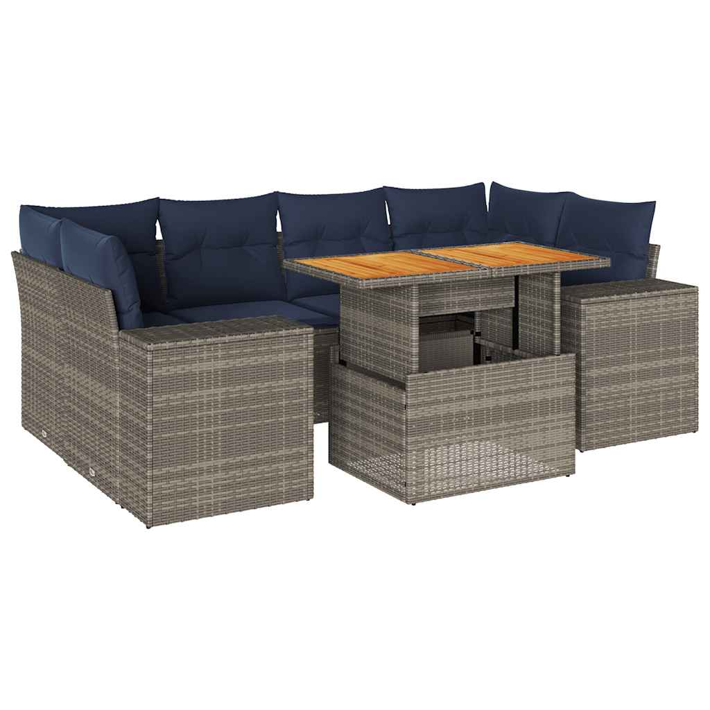 7-tlg. Garten-Sofagarnitur mit Kissen Grau Poly Rattan