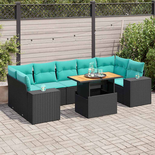8-tlg. Garten-Sofagarnitur mit Kissen Schwarz Poly Rattan