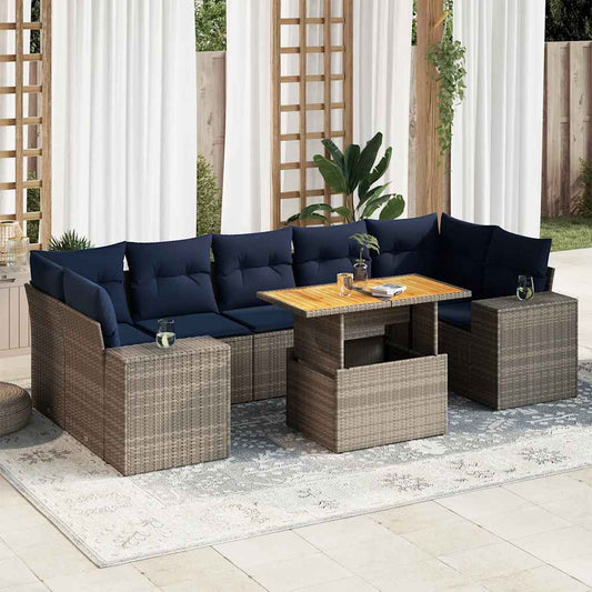 8-tlg. Garten-Sofagarnitur mit Kissen Grau Poly Rattan
